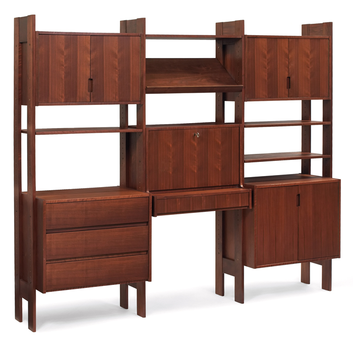 Appraisal: s Modern freestanding wall unit walnut vertical wood supports with