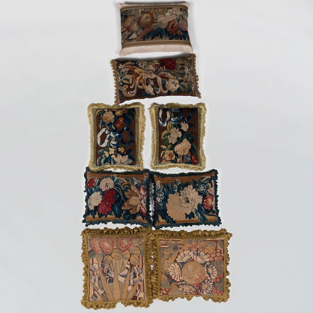 Appraisal: Group of Eight Continental Tapestry Fragment Pillows Seven with tassels