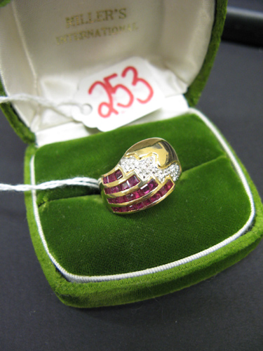 Appraisal: RUBY DIAMOND AND FOURTEEN KARAT GOLD RING set with square-cut