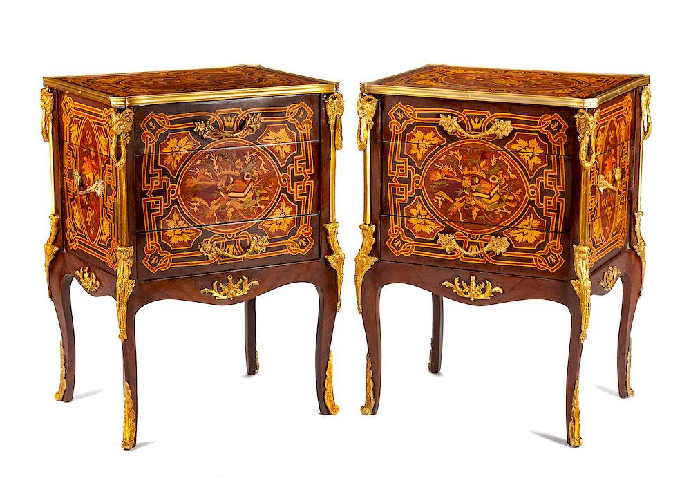 Appraisal: A Pair of Louis XV Style Marquetry Night Stands A