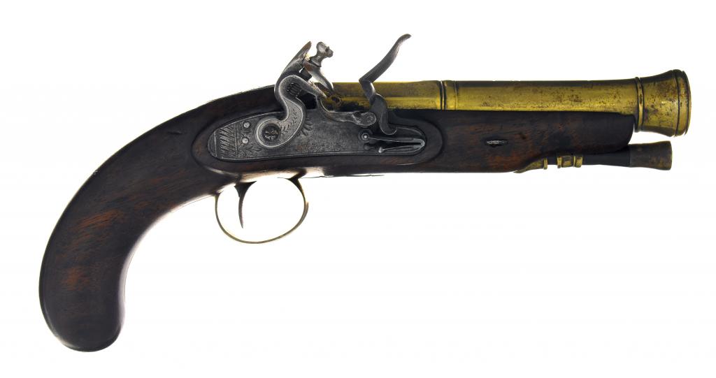 Appraisal: A FLINTLOCK BLUNDERBUSS PISTOL the cm swamped brass barrel belled