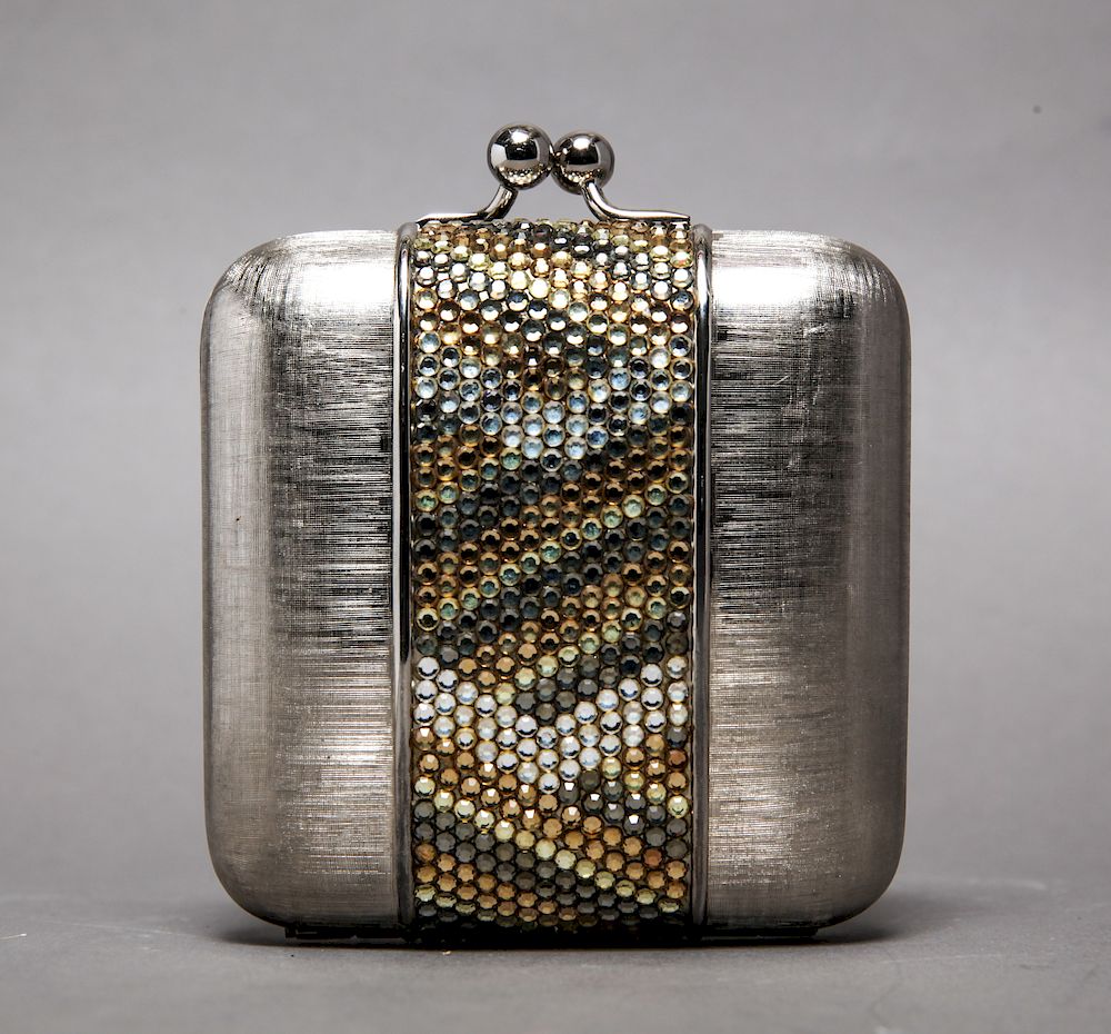 Appraisal: Judith Leiber Hardcase Swarovski Minaudi re Judith Leiber silver-tone hardcase