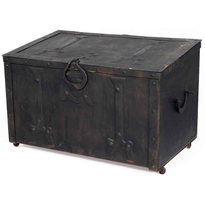 Appraisal: Arts and Crafts trunk in iron slant-top form with repousse