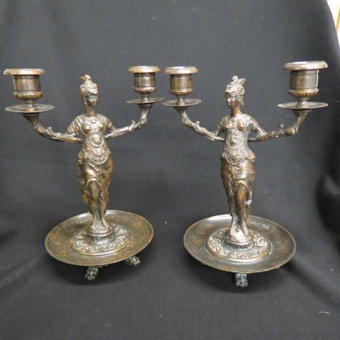 Appraisal: Pair of Bronze Figural Candelabra classical lady double light footed