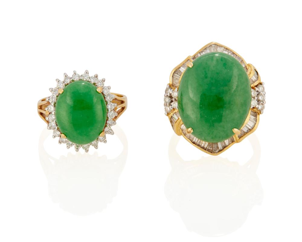 Appraisal: TWO JADE AND DIAMOND RINGSTwo jade and diamond rings k