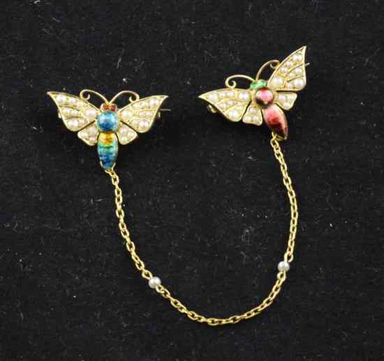 Appraisal: A pair of ct gold enamel and split pearl butterfly