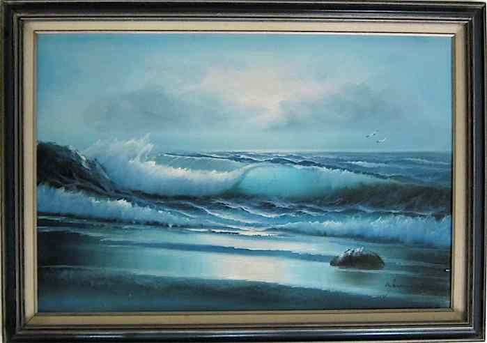 Appraisal: SEASCAPE OIL ON CANVAS with breakers hitting the beach Image