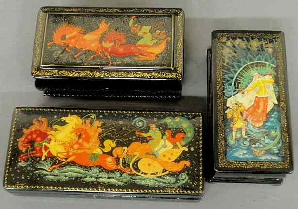 Appraisal: Three rectangular Russian lacquerware decorated boxes c two l