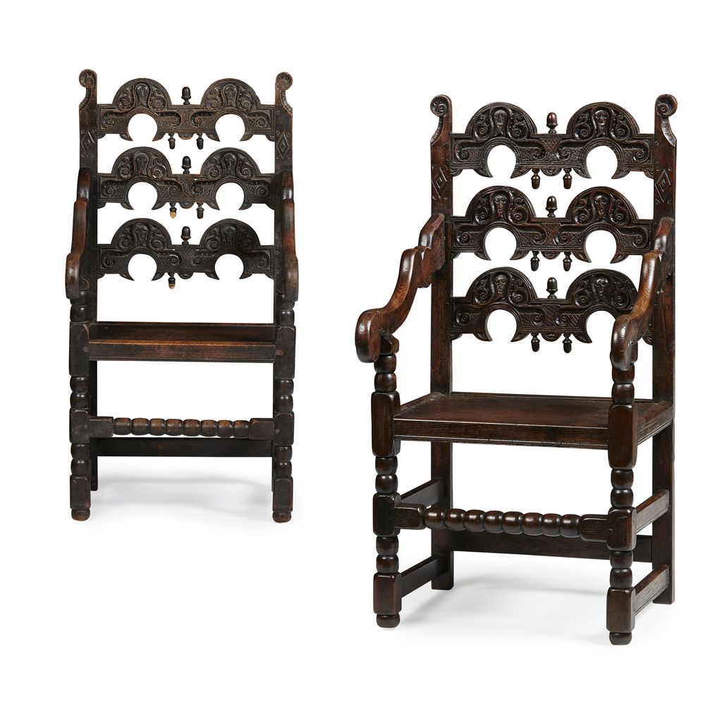 Appraisal: PAIR OF SOUTH YORKSHIRE CARVED OAK ARMCHAIRS TH CENTURY WITH