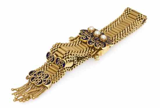 Appraisal: A Vintage Karat Yellow Gold Enamel and Cultured Pearl Belt