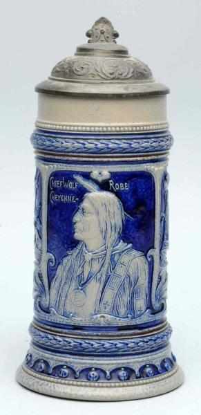 Appraisal: Chief Wolf Cheyenne Robe Stoneware Stein Nice brilliant cobalt blue