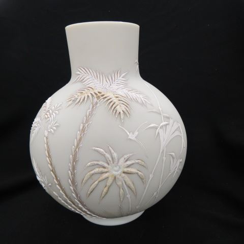 Appraisal: Enameled Art Glass Vase bird of paradise palm tree decor