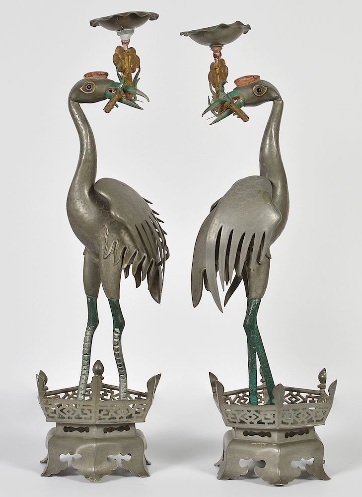 Appraisal: Pr Chinese Pewter Crane Candlesticks Pr Chinese pewter crane candlesticks