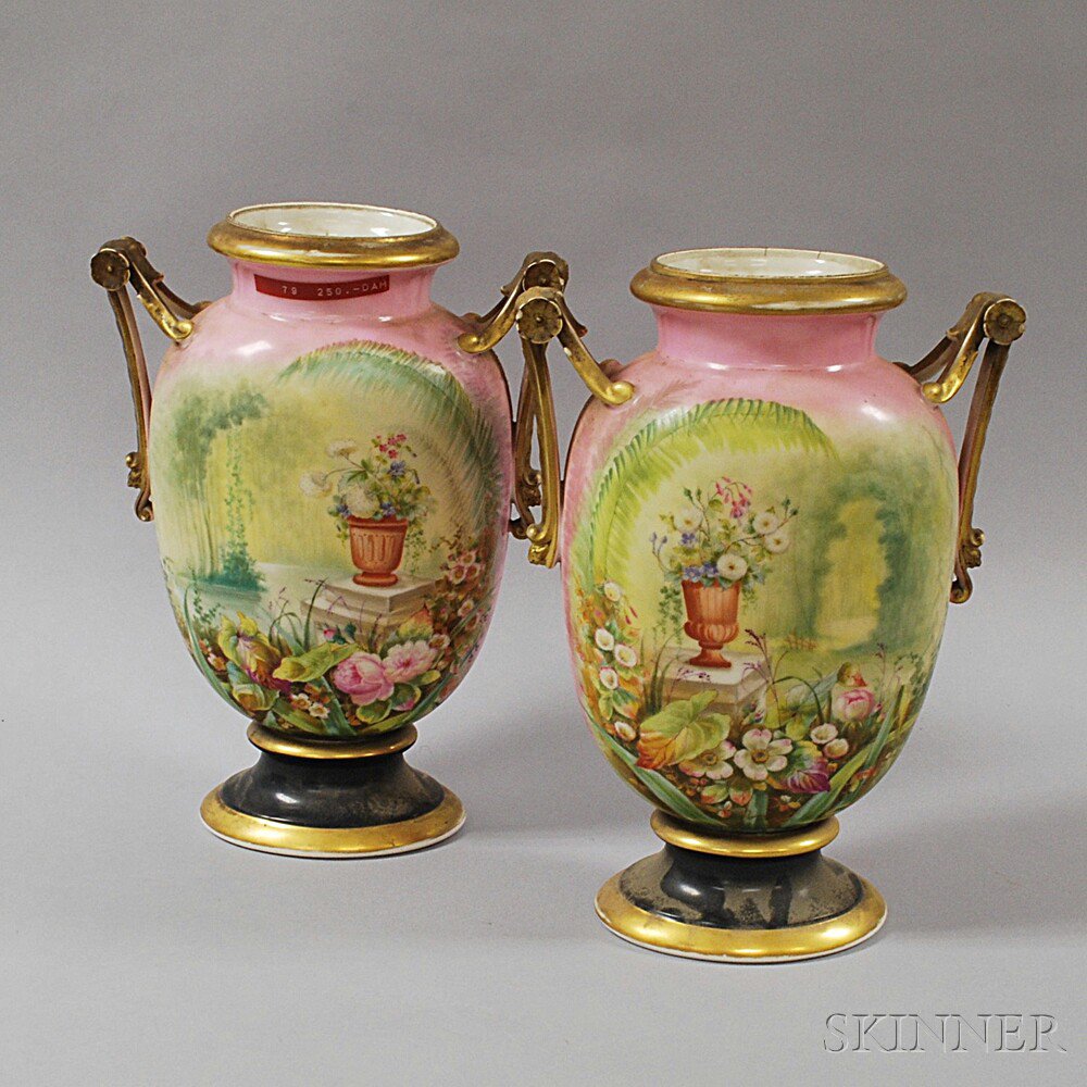 Appraisal: Pair of Limoges Hand-painted Porcelain Vases th century with gilt