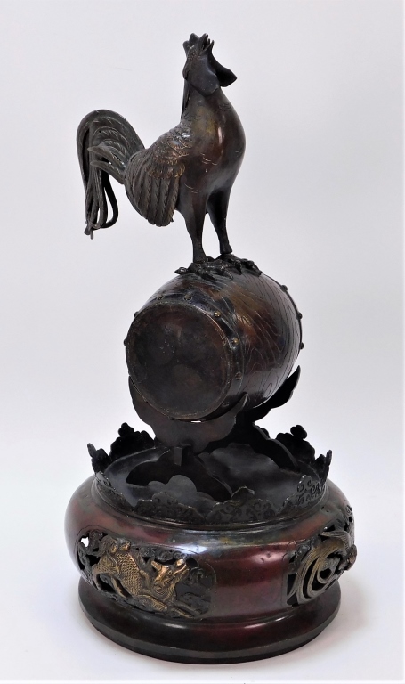 Appraisal: JAPANESE BRONZE ROOSTER ON BARREL OKIMONO Japan Meiji PeriodA large