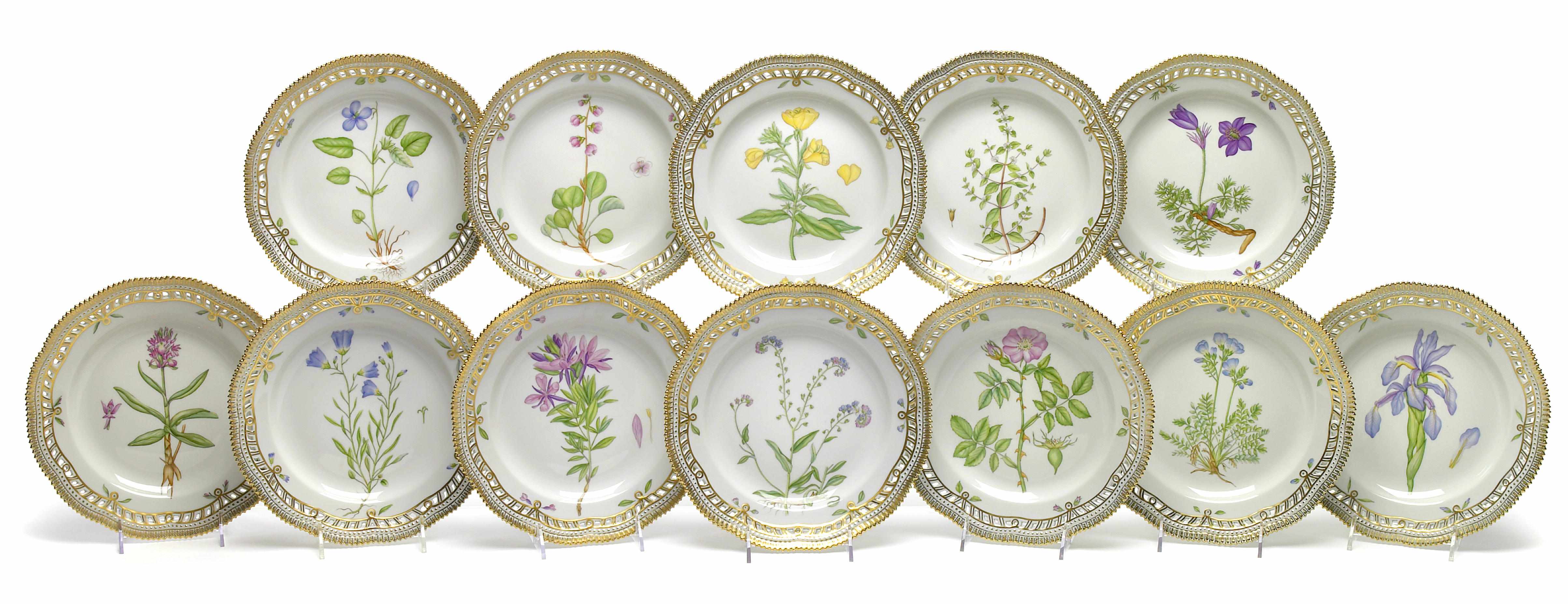 Appraisal: A set of twelve Royal Copenhagen porcelain Flora Danica reticulated