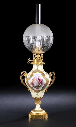 Appraisal: Napoleon III Gilt-Brass-Mounted Fond Ivoire Porcelain Vasiform Carcel Lamp third