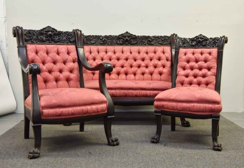 Appraisal: Three-piece Victorian mahogany parlor set circa each with acanthus carved