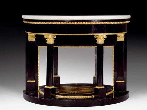 Appraisal: DEMI-LUNE CONSOLE Biedermeier Vienna circa Ebonised and carved pearwood with