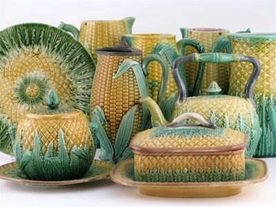 Appraisal: Six Majolica jugs moulded as corn cobs and eight other