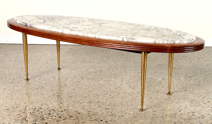 Appraisal: ELEGANT MAHOGANY MARBLE BRASS OVAL COFFEE TABLE An elegant mid