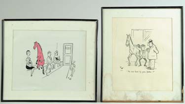 Appraisal: FIVE SATIRICAL HORSE RELATED PRINTS SIGNED PEB Three are framed