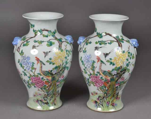 Appraisal: Pr Chinese Large Famille Rose Enamelled VasesPair of matching baluster-shaped