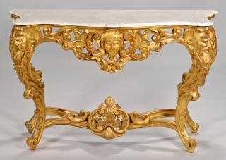 Appraisal: Continental Giltwood Console Table w marble top Continental gilt carved