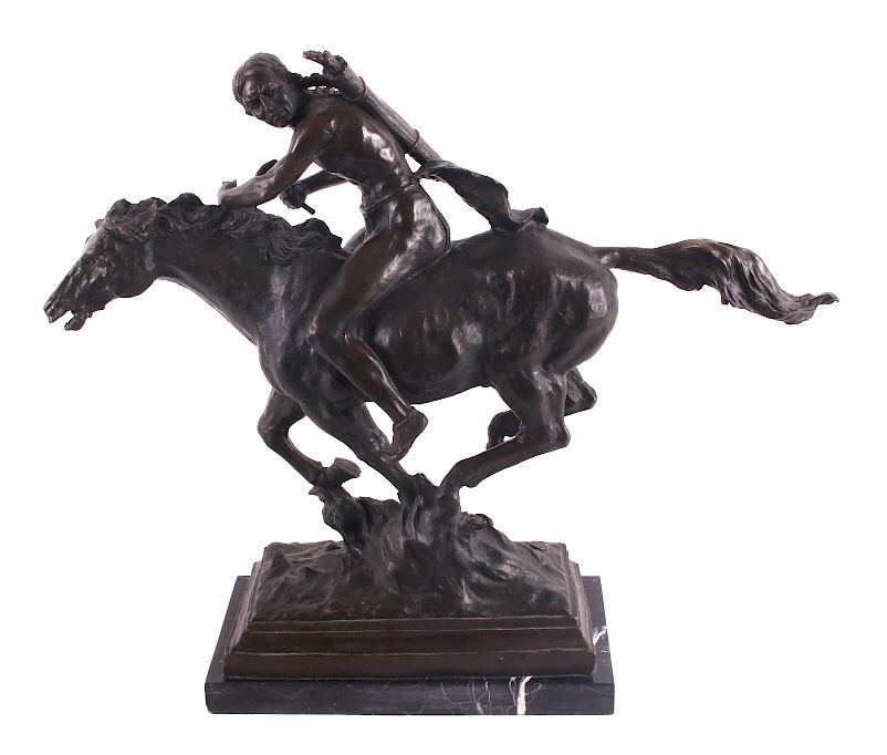 Appraisal: Native American on Horseback Bronze Sculpture For your consideration is