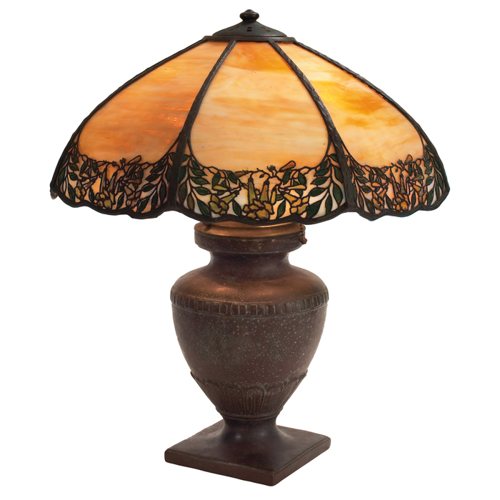 Appraisal: Handel table lamp eight-sided slagglass shade with metal overlay andobverse-painting