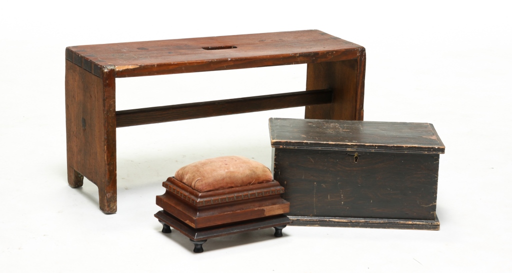 Appraisal: STOOL BOX AND THREAD CADDY Nineteenth century Pine stool with