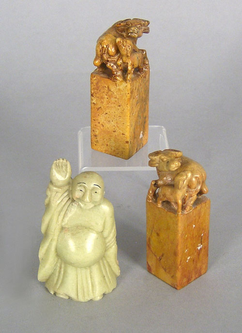 Appraisal: Two Chinese carved stone seals together with a jade figure