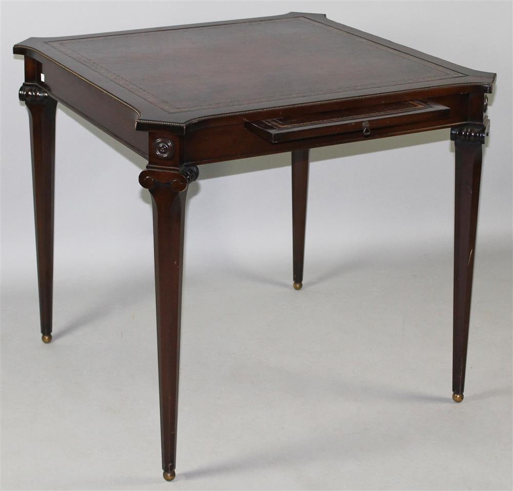 Appraisal: GEORGE III STYLE MAHOGANY SQUARE EMBOSSED LEATHER TOP TABLE possibly