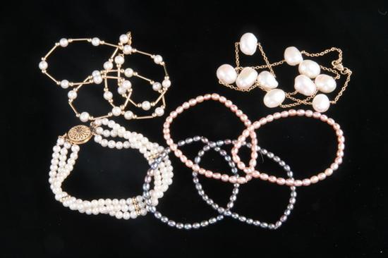 Appraisal: SEVEN ITEMS FRESHWATER AND CULTURED PEARL JEWELRY Five bracelets and