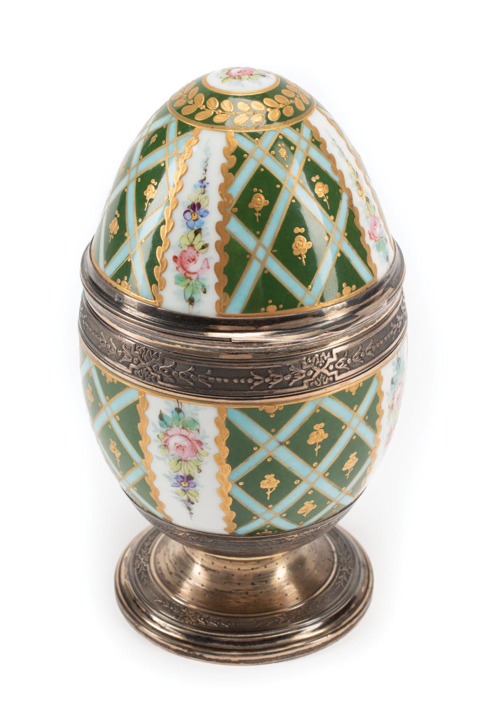 Appraisal: Russian Silver-Mounted Porcelain Egg with hinged lid h in dia