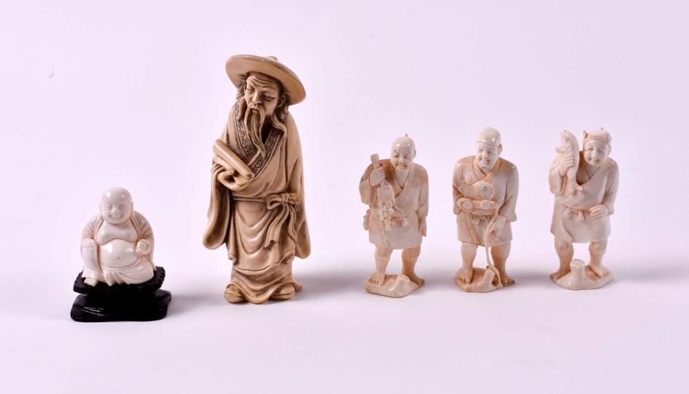 Appraisal: FOUR ASIAN CARVED FIGURESComprising a seated Hotai on a wood