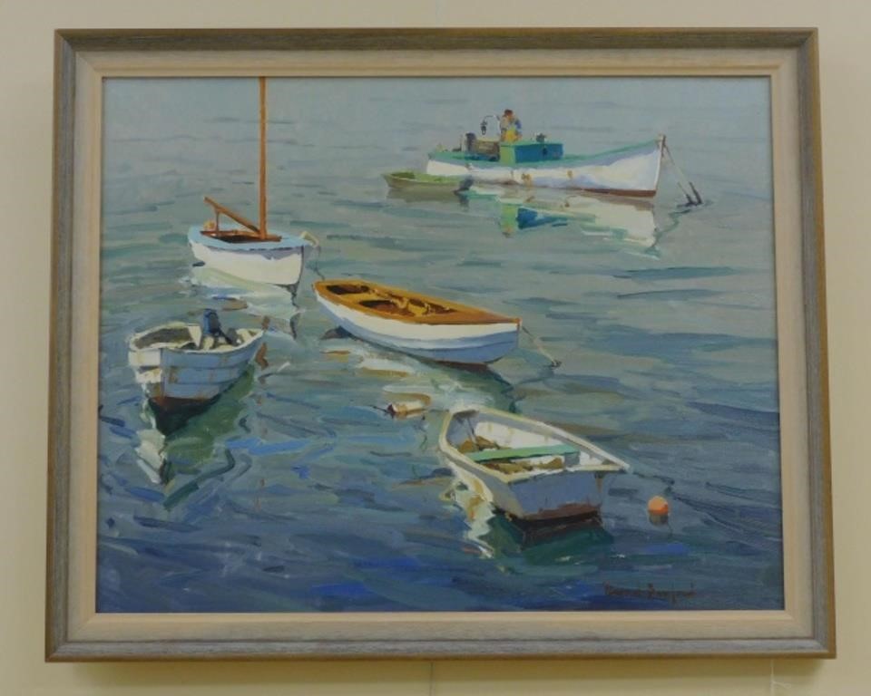 Appraisal: canvas depicting boats and fishermen in harbor Signed lower right