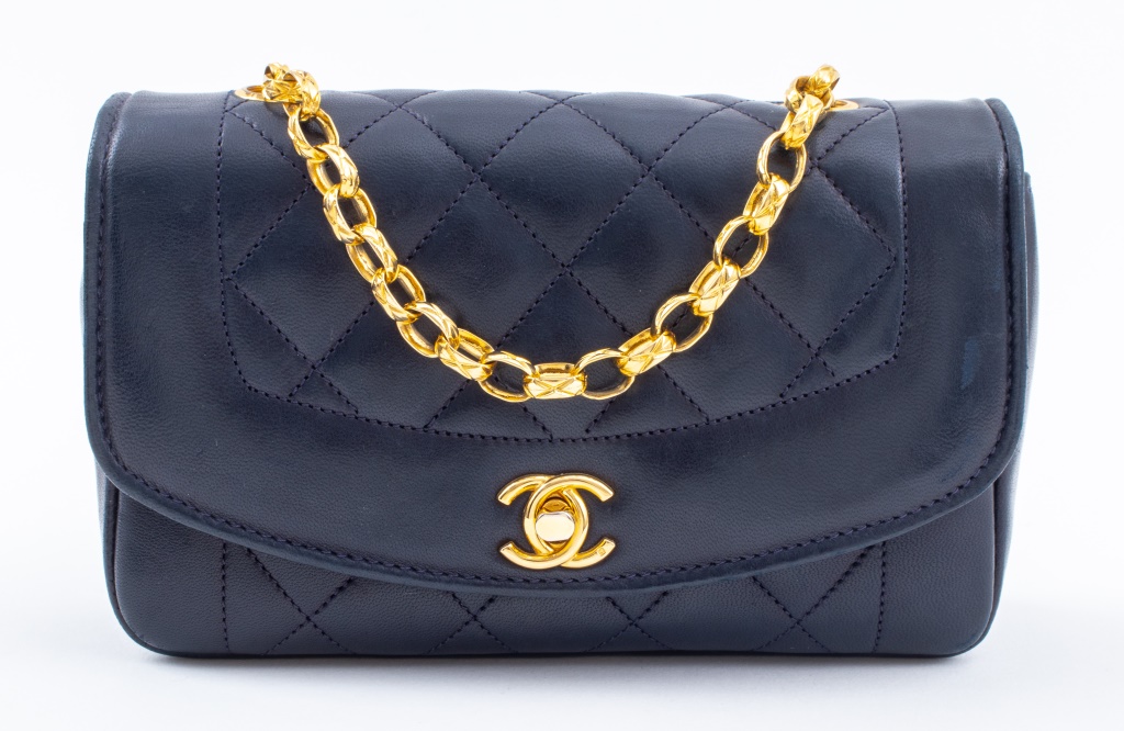 Appraisal: CHANEL QUILTED NAVY BLUE LEATHER DIANA HANDBAG Vintage Chanel quilted