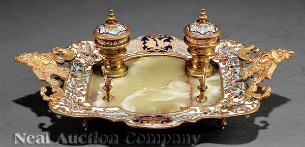 Appraisal: A French Gilt Bronze Onyx and Champlev Encrier foliate and