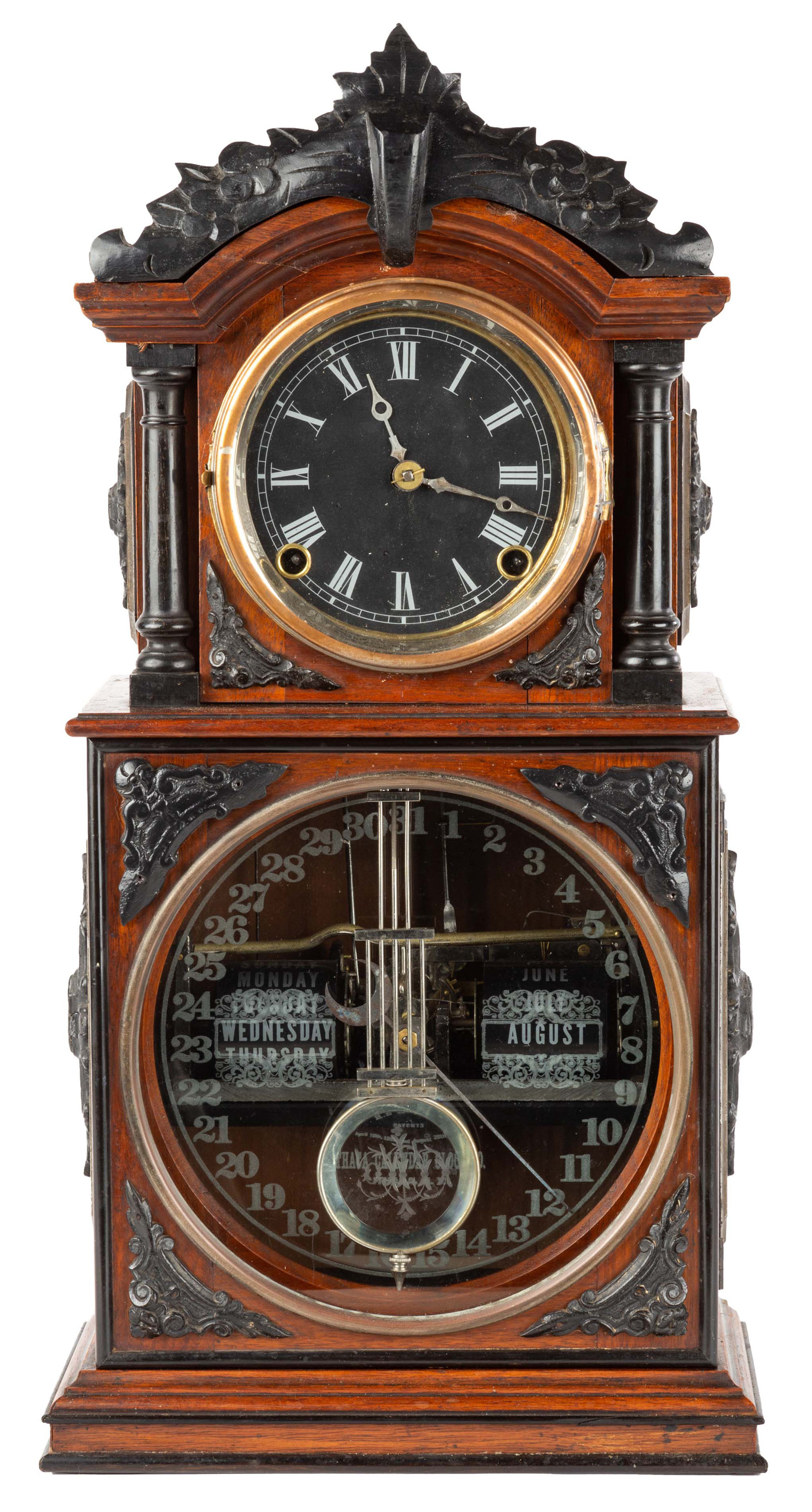 Appraisal: ITHACA PARLOR CALENDAR CLOCK th century Walnut case in original