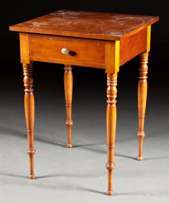 Appraisal: Late Federal turned tiger maple and cherry one-drawer stand circa