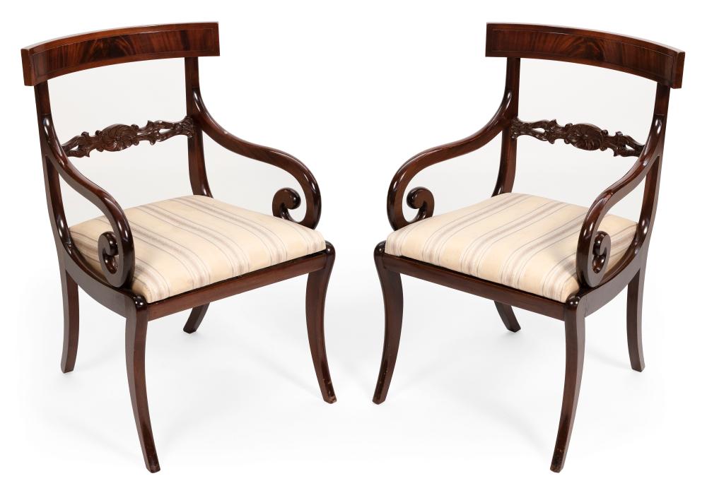 Appraisal: PAIR OF EMPIRE-STYLE SABER-LEG ARMCHAIRS EARLY TH CENTURY BACK HEIGHTS