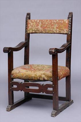 Appraisal: ITALIAN BAROQUE WALNUT OPEN ARMCHAIR With later needlework back panel