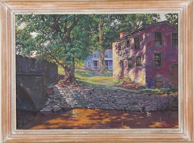 Appraisal: Bridge and stone building landscape oil on canvas x SLR