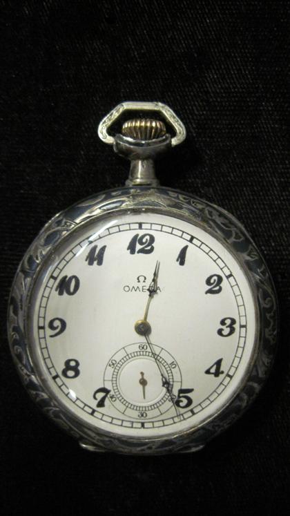 Appraisal: Gentleman's circular silver and black enamel cased pocket watch Omegacirca