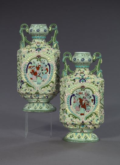 Appraisal: Pair of Elaborately Enameled Porcelain Two-Handled Nippon Garniture Vases fourth