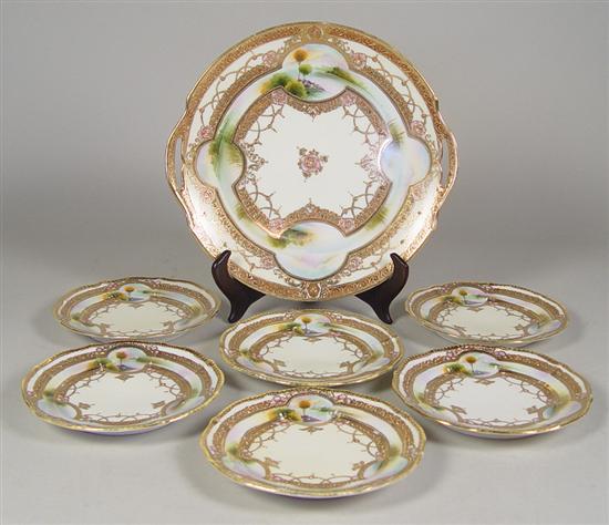 Appraisal: Nippon Cake Set Circa Landscaped scene in heavy jeweled beading