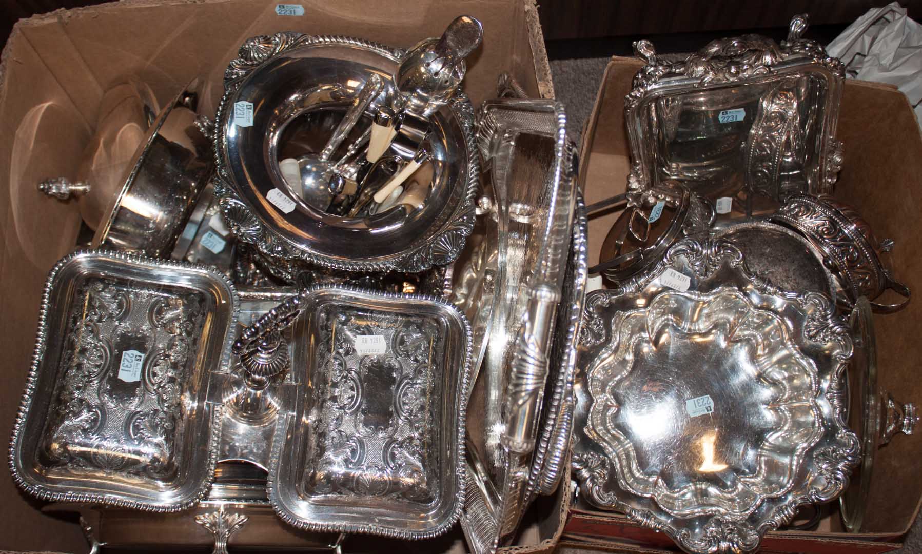 Appraisal: Two boxes of assorted silver-plated serving pieces including trays covered