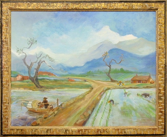 Appraisal: - Oil on canvas painting of rice paddies titled Landscape