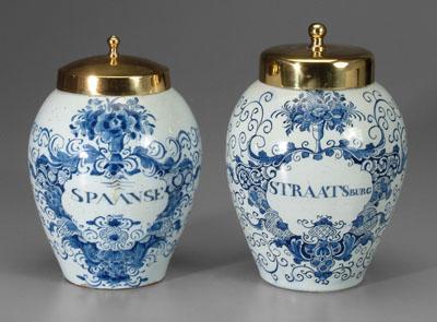 Appraisal: Two Delft blue and white tobacco jars blue decoration on